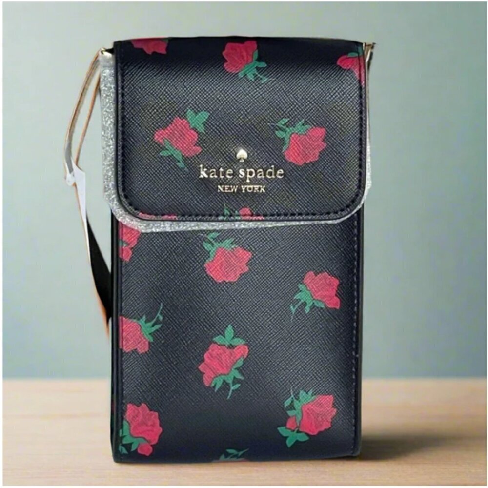 Kate Spade Madison Phone Crossbody Black Rose Toss Leather Bag NWT - Picture 2 of 8